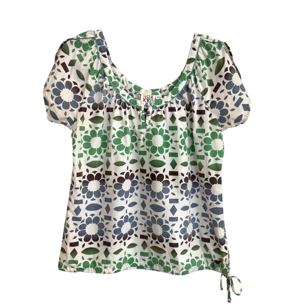 Roxy Womens Floral Geometric Scoop Neck Top Green Blue Large 90s Y2K